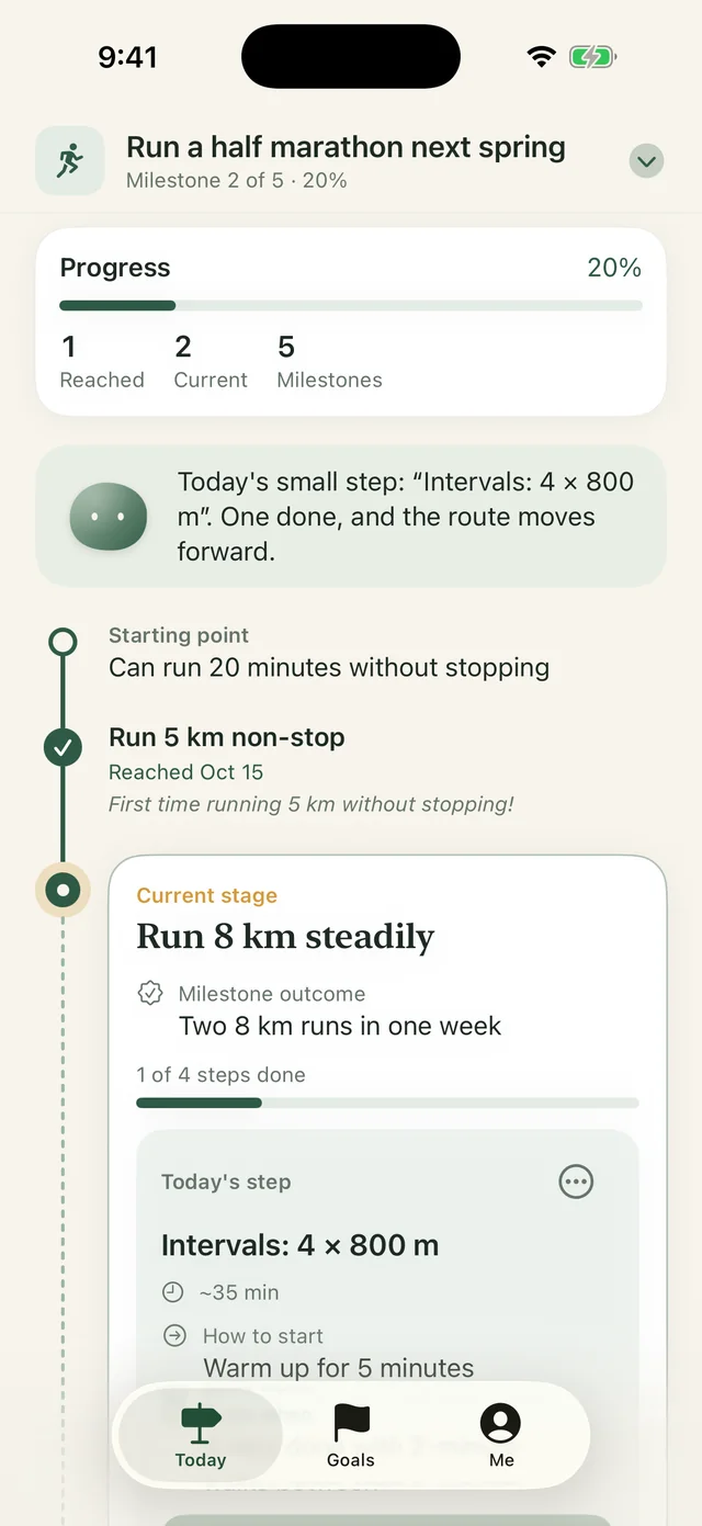 Today screen: the route with a completed milestone, the current stage and today's step